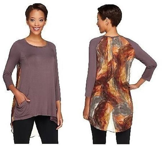 LOGO Lori Goldstein 3/4 Sleeve Chiffon Back Knit Tunic Top Grey Women's Small - Picture 1 of 6